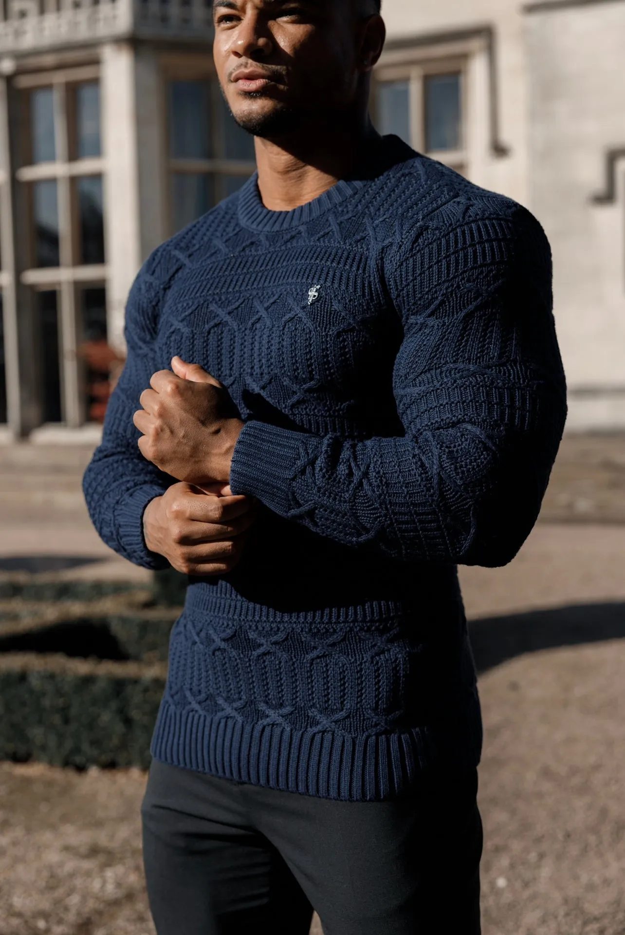 Father Sons Navy Knitted Cable Link Crew Super Slim Jumper With Metal Decal - FSN069