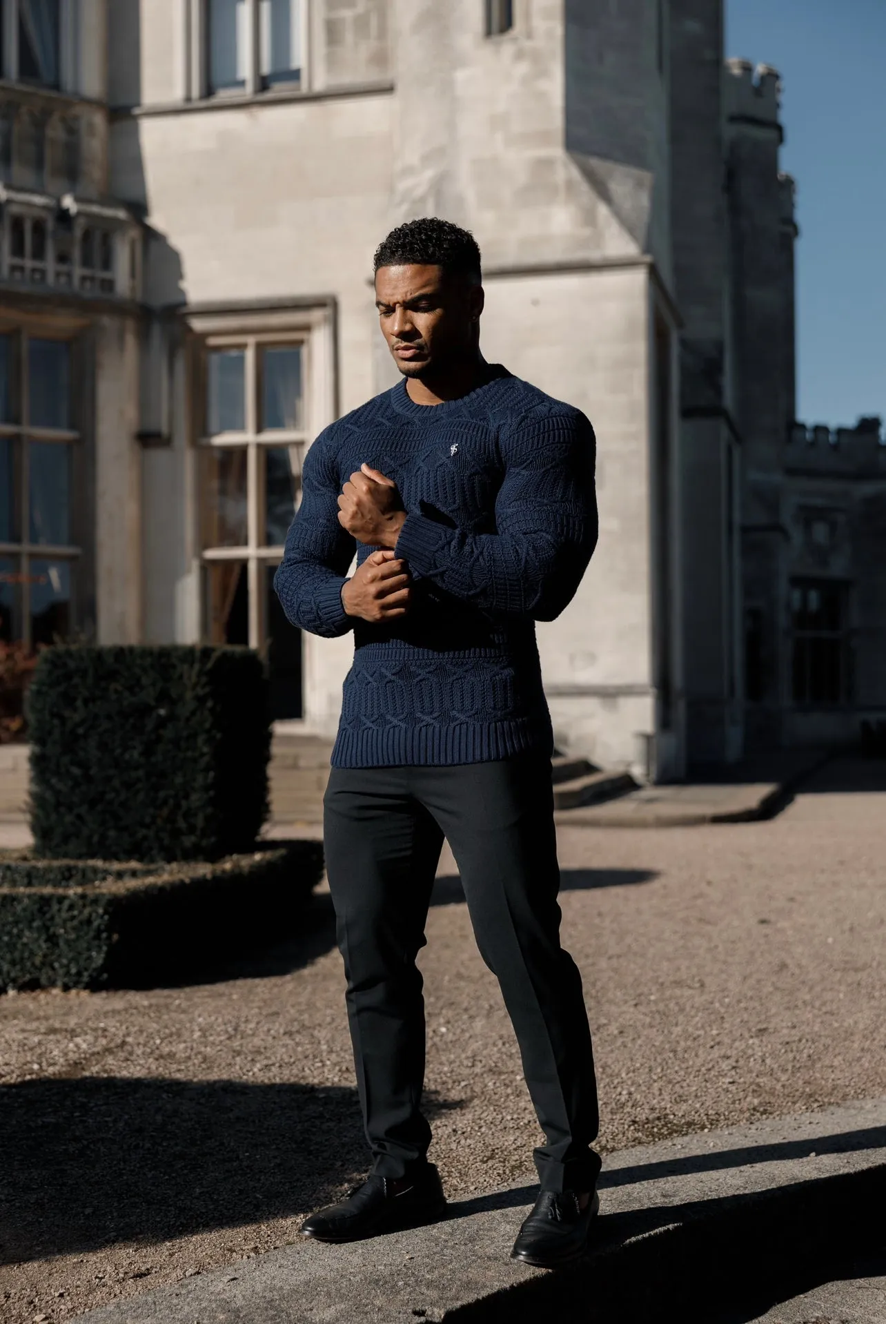 Father Sons Navy Knitted Cable Link Crew Super Slim Jumper With Metal Decal - FSN069