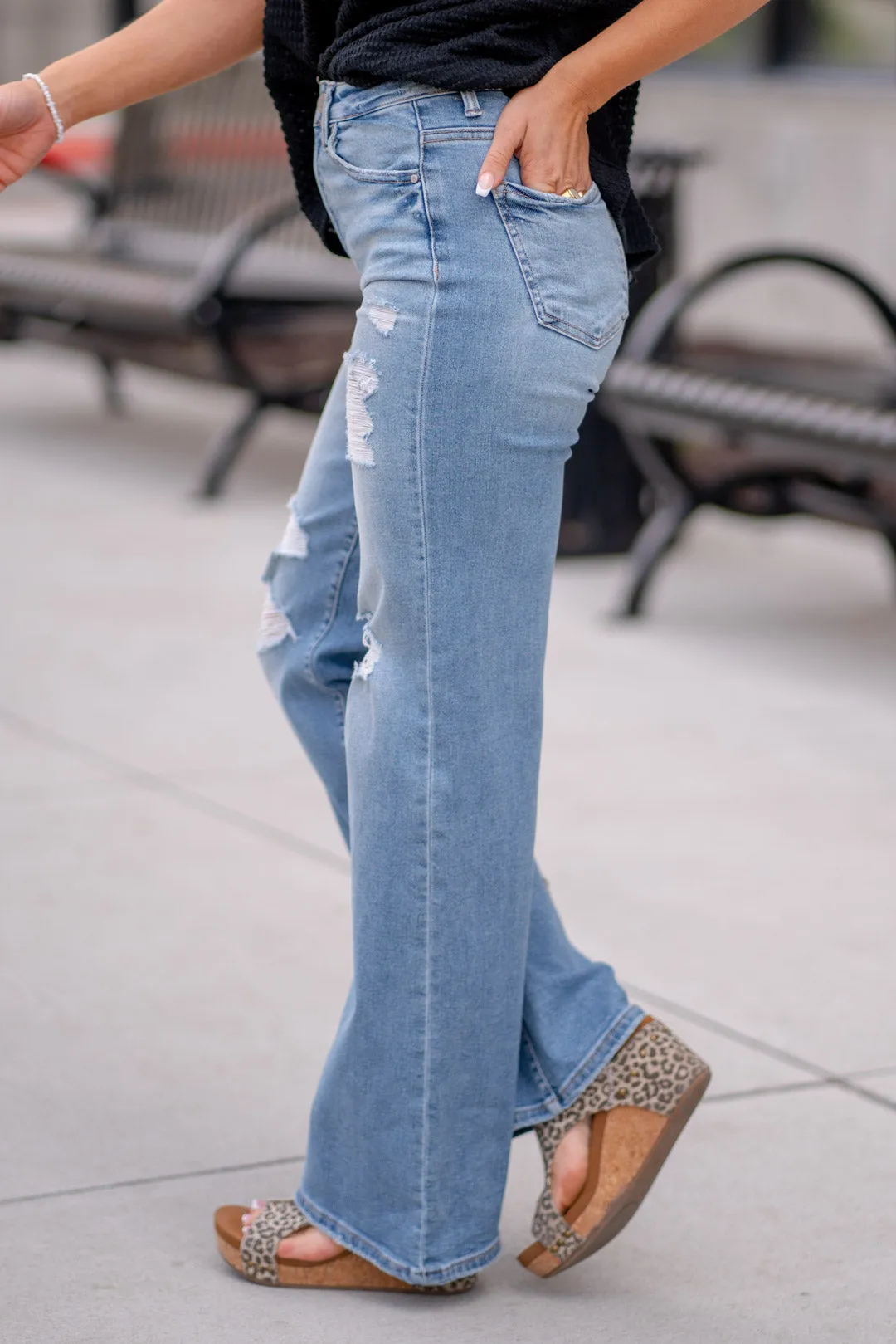 Francine Distressed High Rise Wide Leg