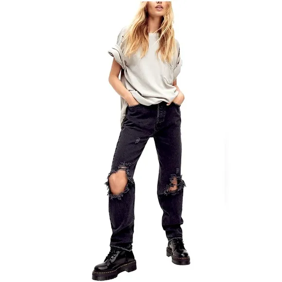 Free People Washed Black Jeans | The Lasso Black High Distressed Straight Jeans