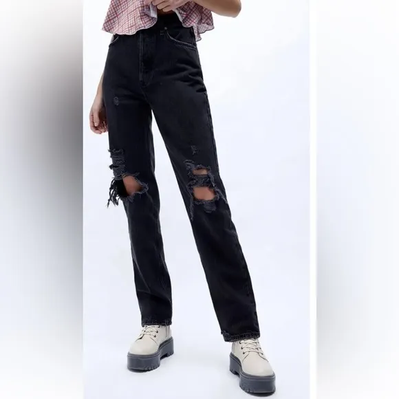 Free People Washed Black Jeans | The Lasso Black High Distressed Straight Jeans