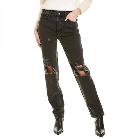 Free People Washed Black Jeans | The Lasso Black High Distressed Straight Jeans