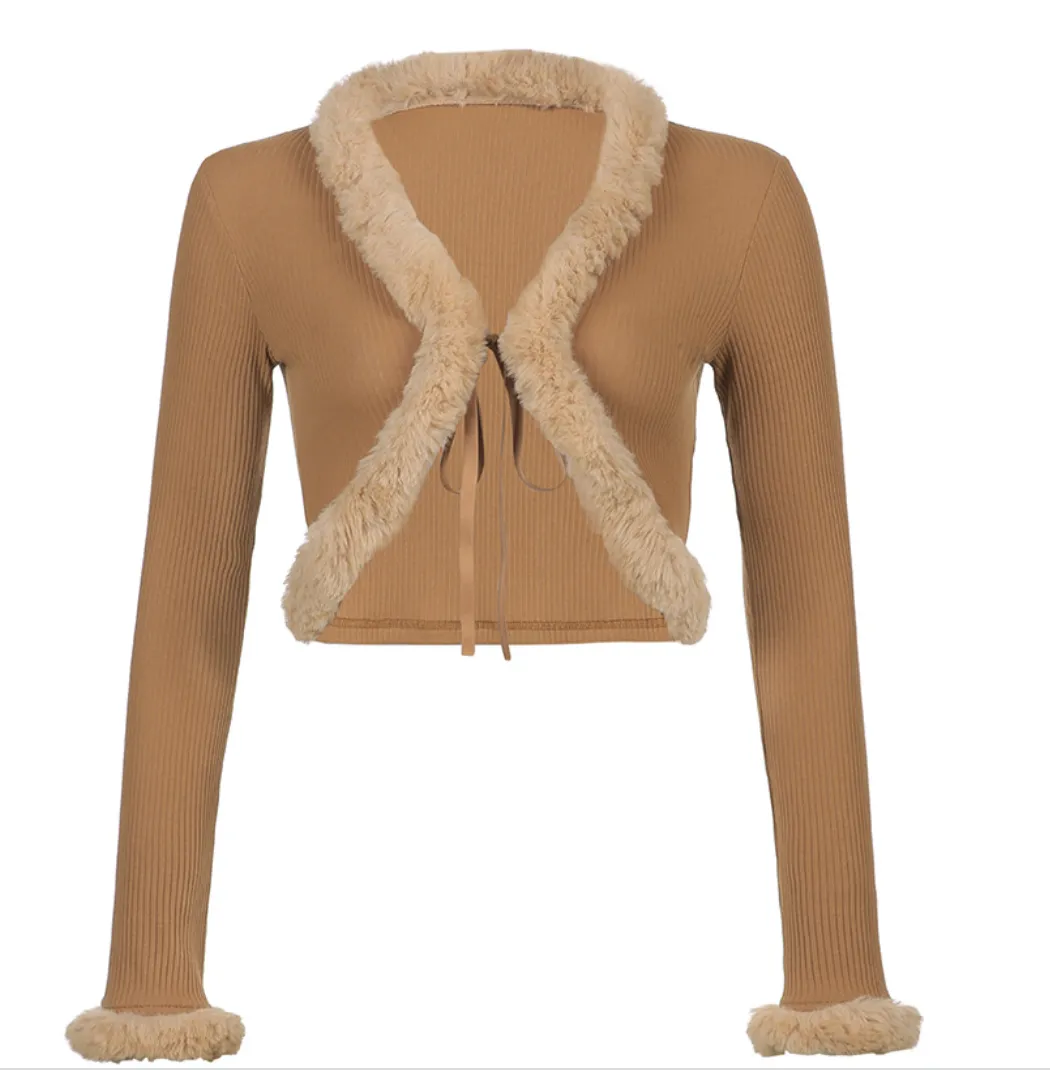 Fur Trim Tie Front Cardi