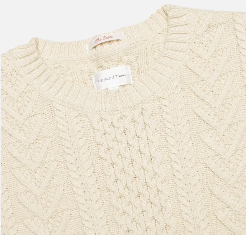 GANT RUGGER Women's Pearl White The Cable Sweater 488810 Size X-Large