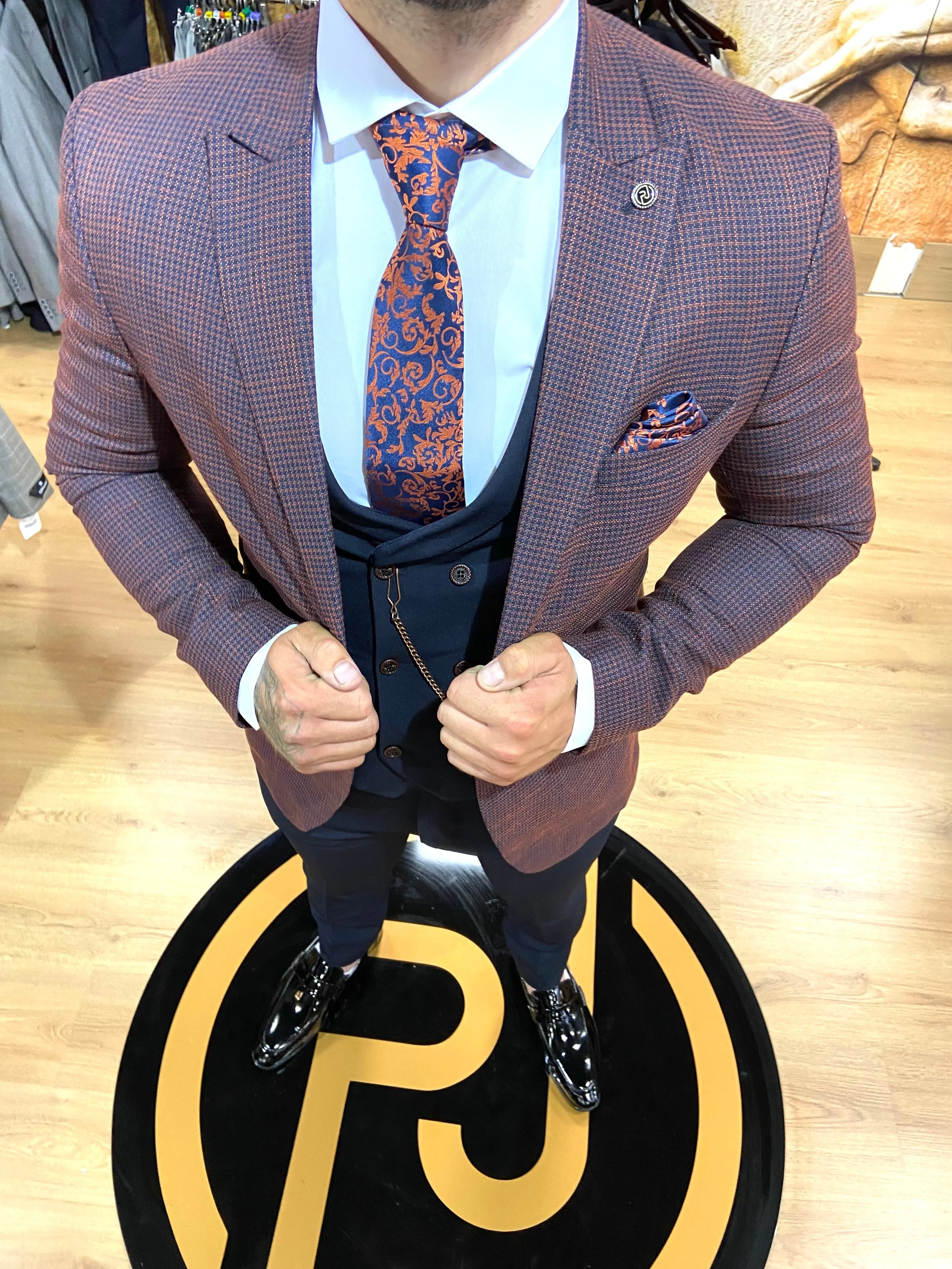Gazza - Burnt Orange/Navy 3 Piece Suit