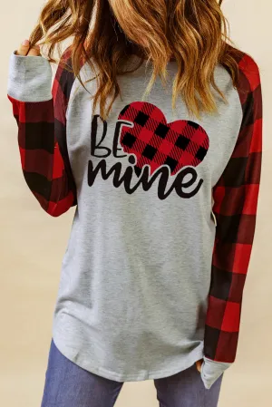 Gray BE mine Plaid Heart Graphic Raglan Sleeves Sweatshirt