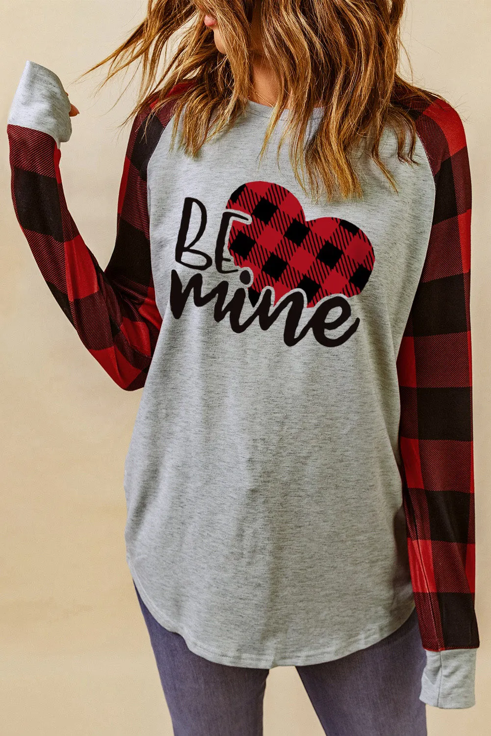 Gray BE mine Plaid Heart Graphic Raglan Sleeves Sweatshirt
