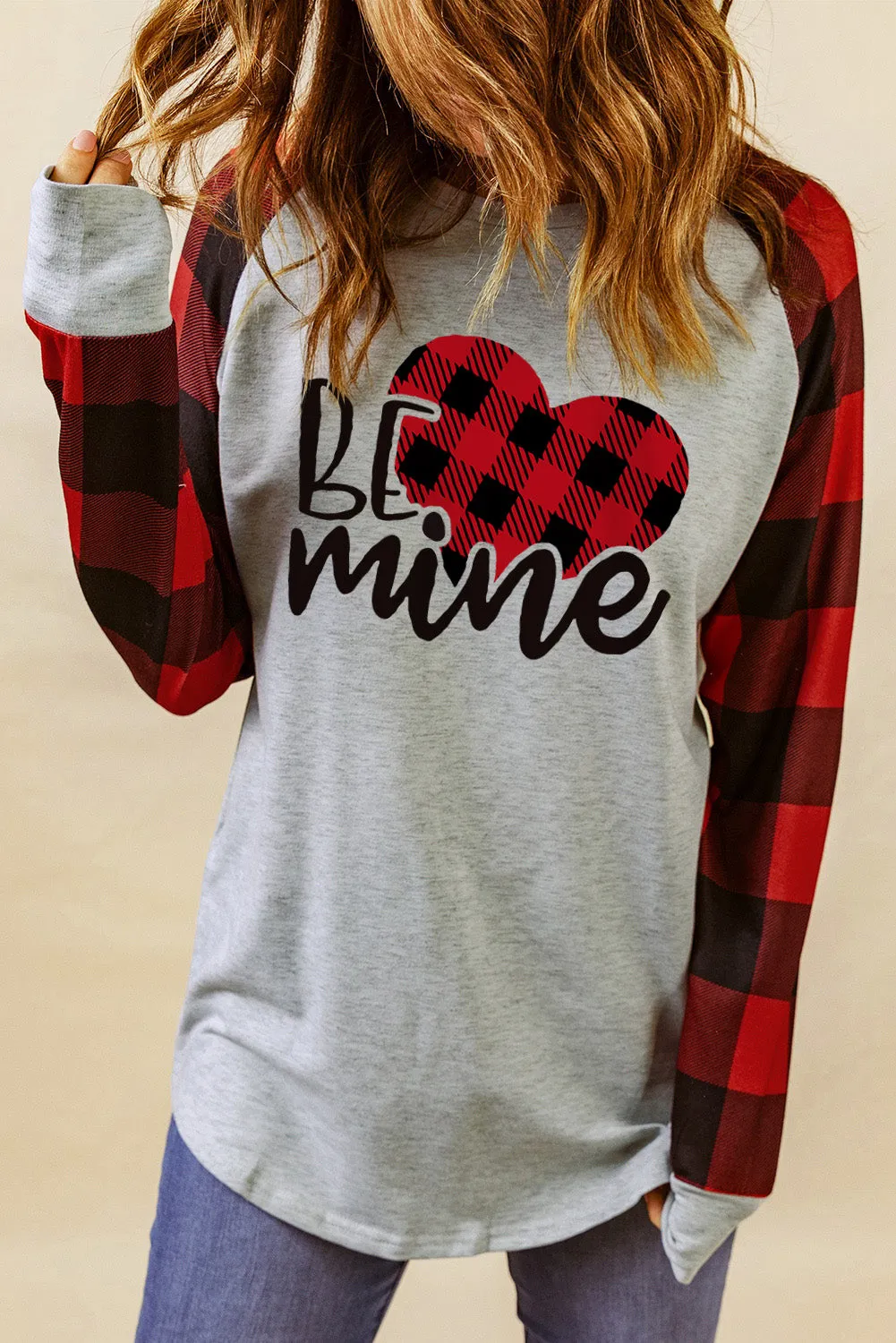 Gray BE mine Plaid Heart Graphic Raglan Sleeves Sweatshirt