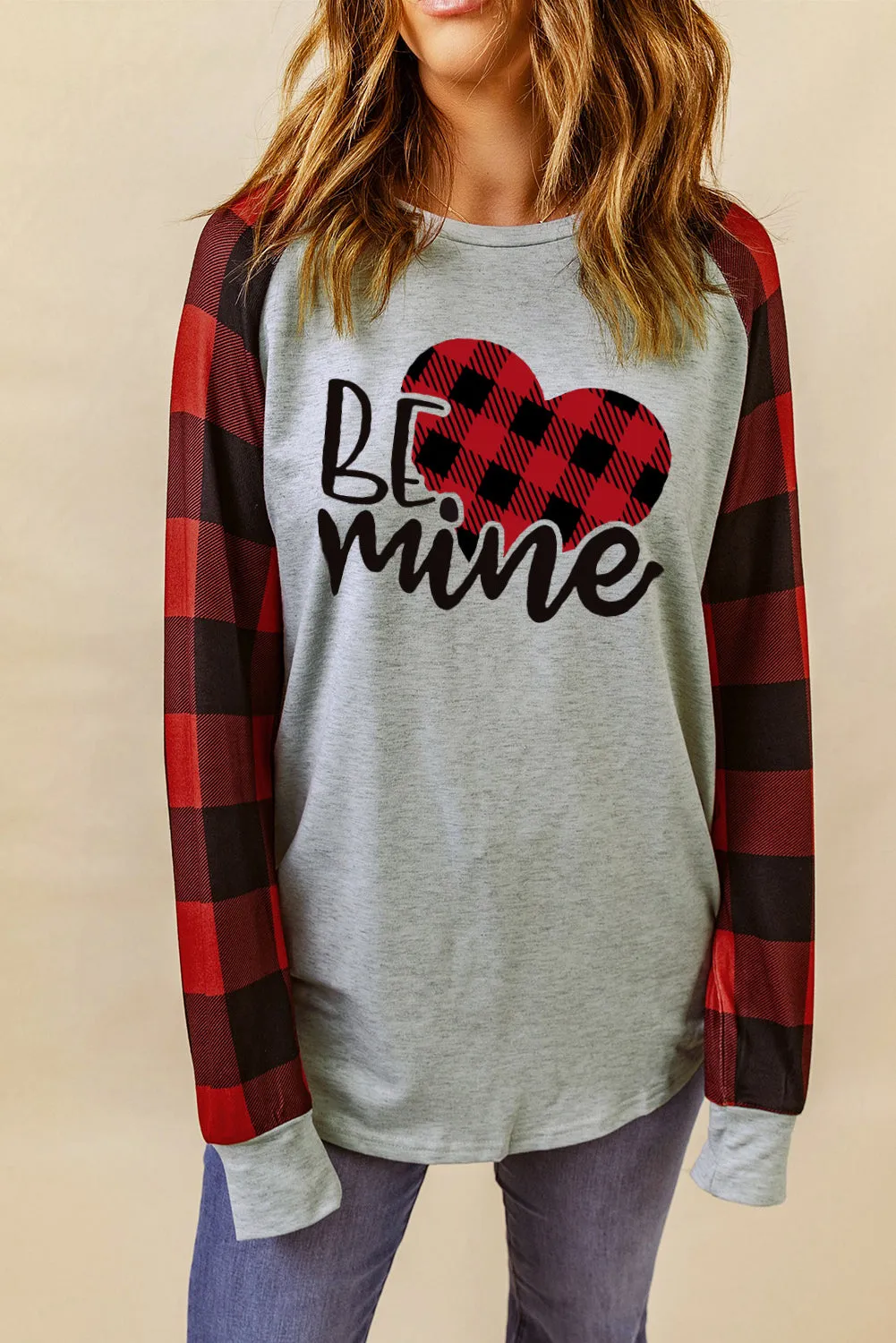 Gray BE mine Plaid Heart Graphic Raglan Sleeves Sweatshirt