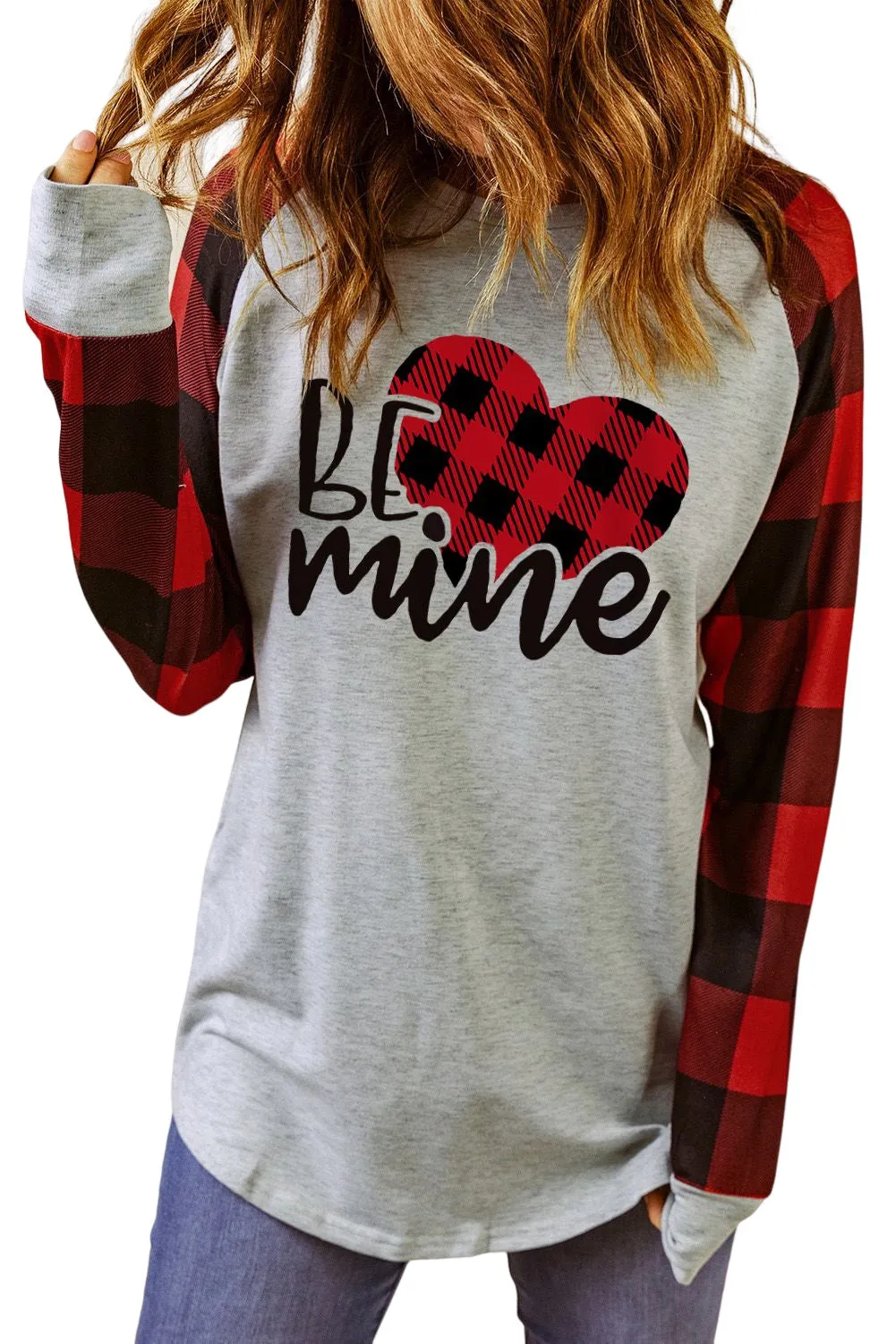 Gray BE mine Plaid Heart Graphic Raglan Sleeves Sweatshirt