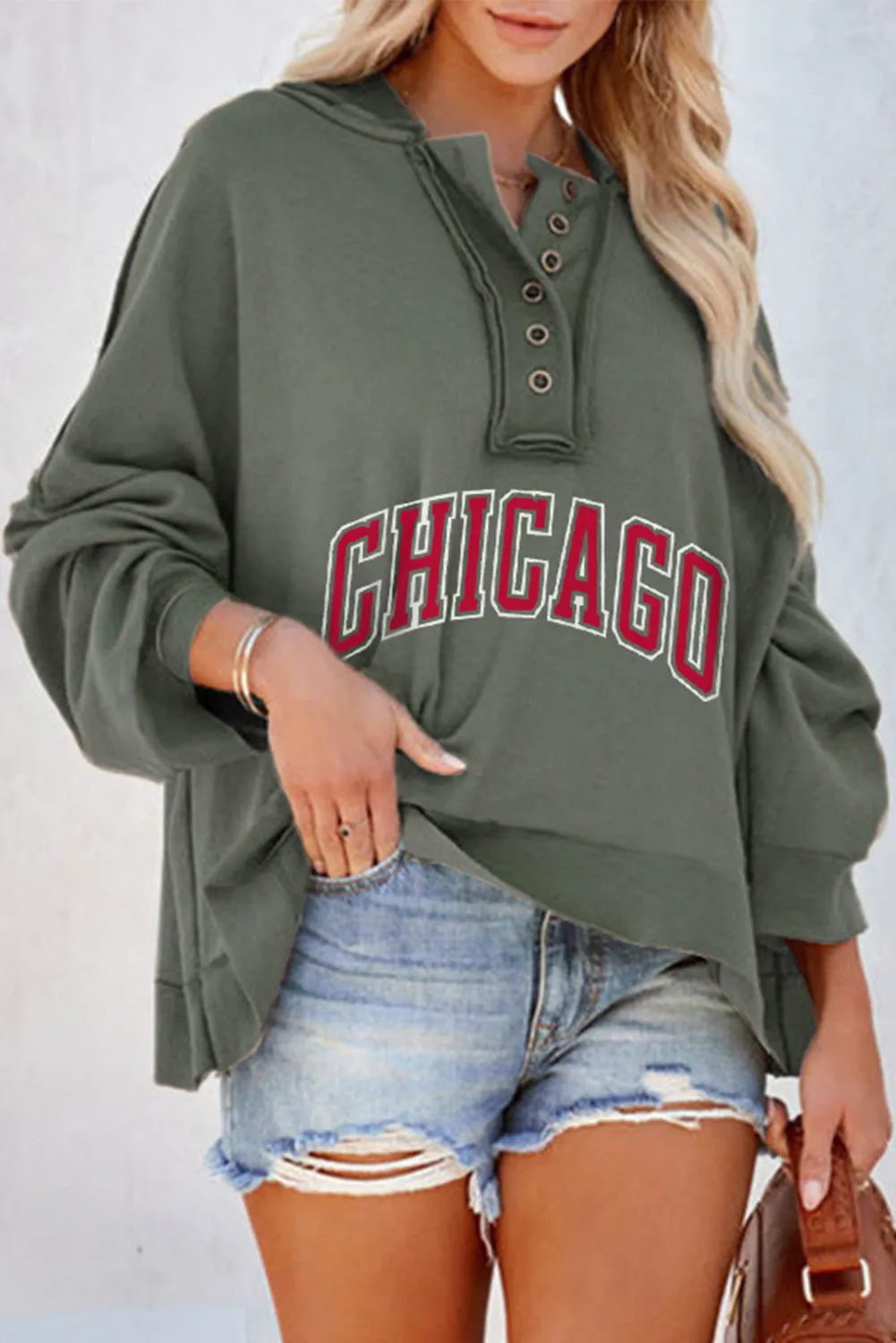 Gray CHICAGO Long Sleeve Oversized Studded Henley Hoodie