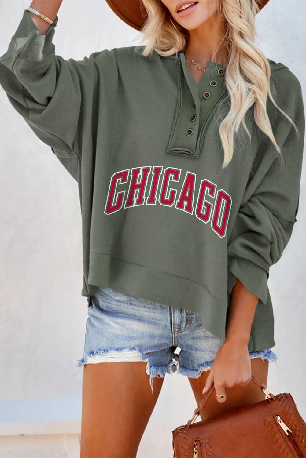 Gray CHICAGO Long Sleeve Oversized Studded Henley Hoodie