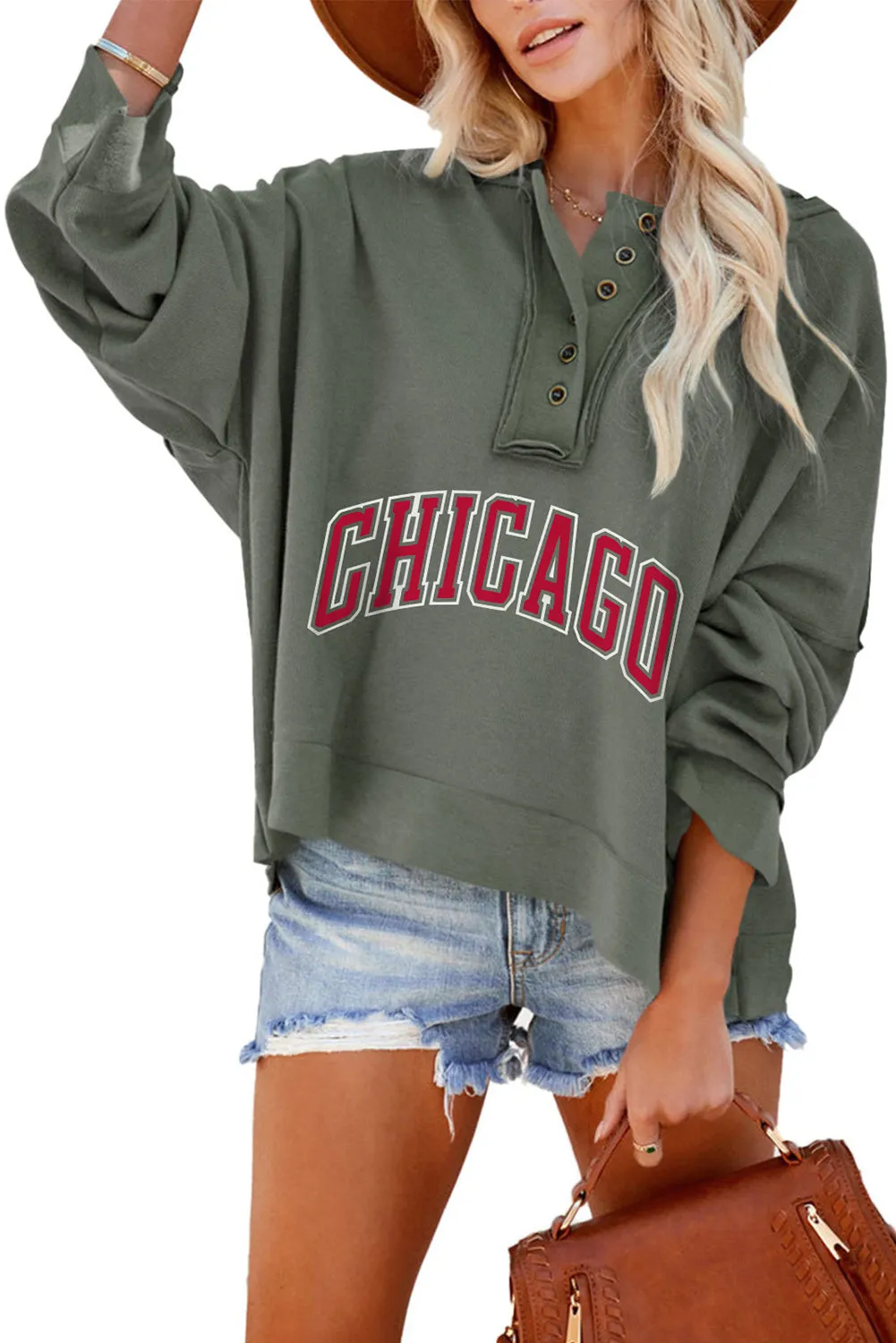 Gray CHICAGO Long Sleeve Oversized Studded Henley Hoodie