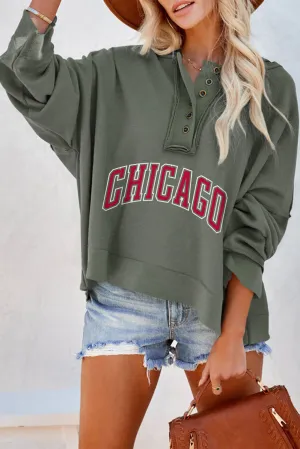 Gray CHICAGO Long Sleeve Oversized Studded Henley Hoodie