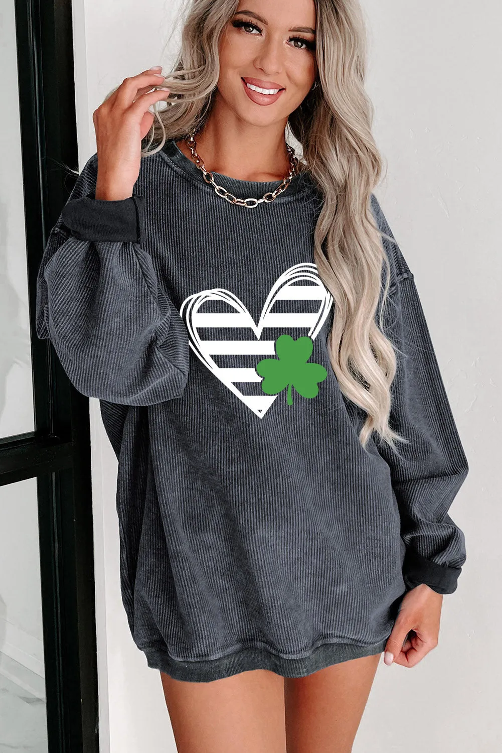 Gray Heart & Clover Print Corded St. Patrick's Day Sweatshirt
