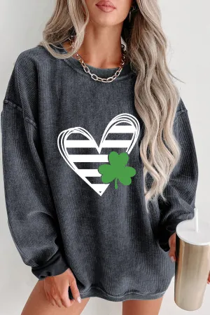 Gray Heart & Clover Print Corded St. Patrick's Day Sweatshirt