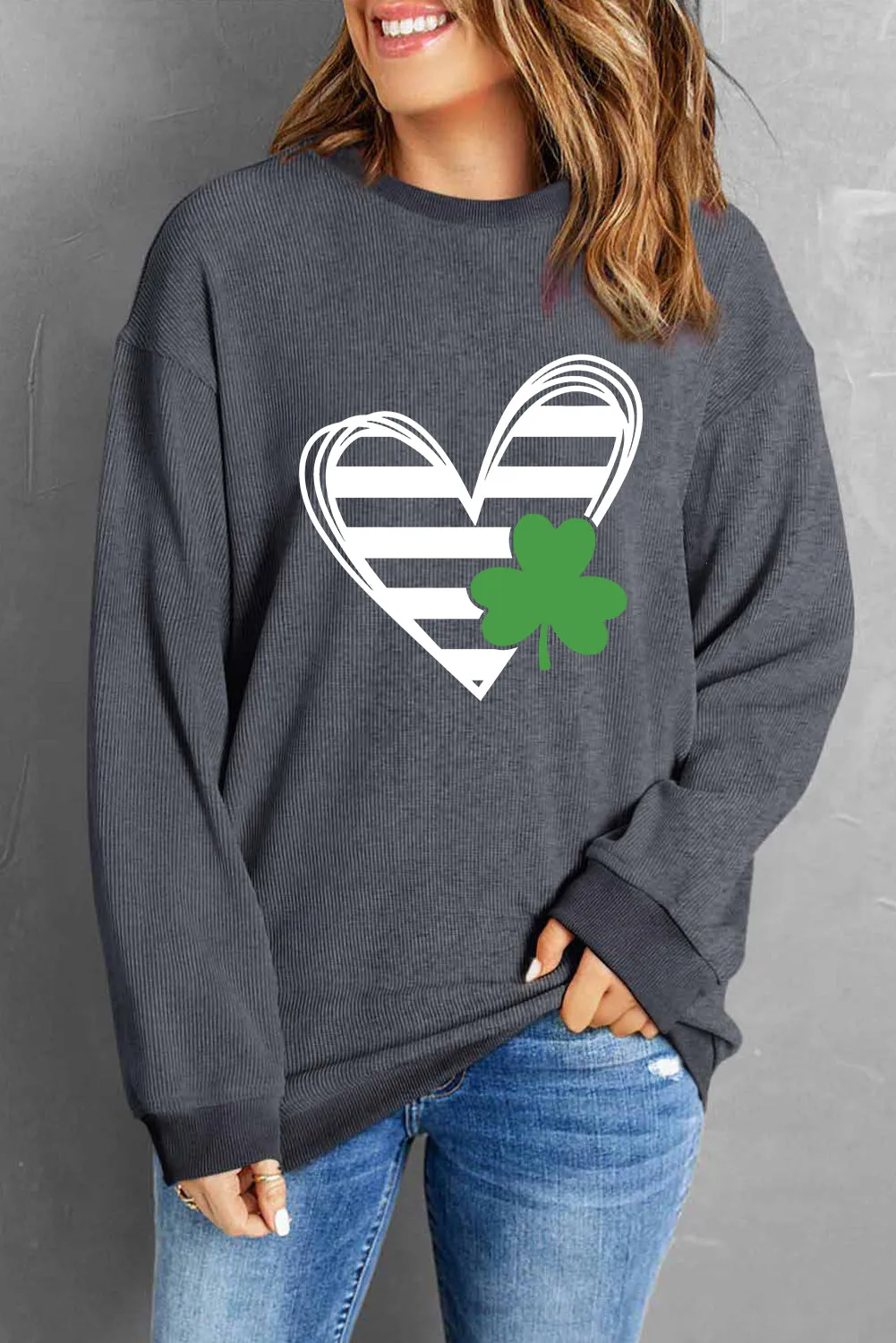 Gray Heart & Clover Print Corded St. Patrick's Day Sweatshirt