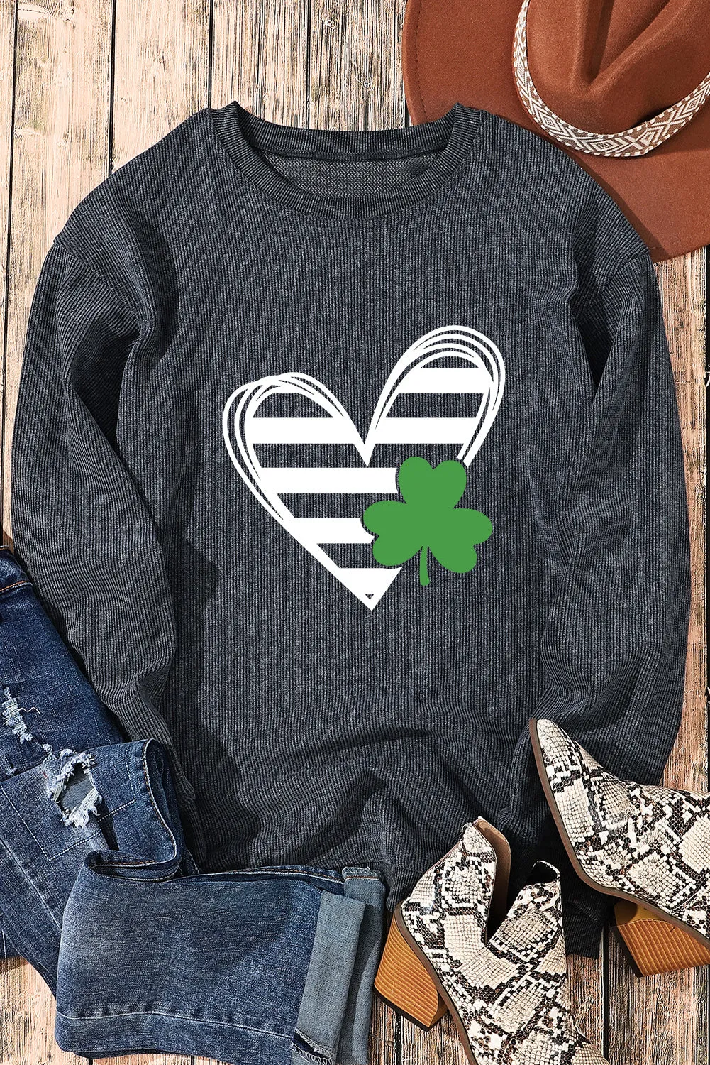 Gray Heart & Clover Print Corded St. Patrick's Day Sweatshirt