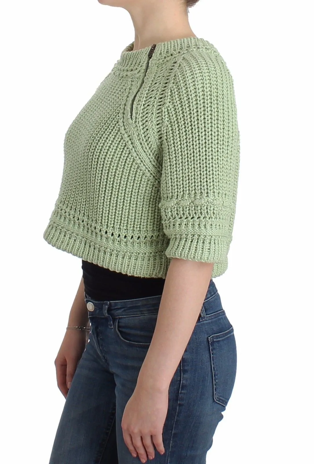 Green Cropped Knit Sweater Knitted Jumper