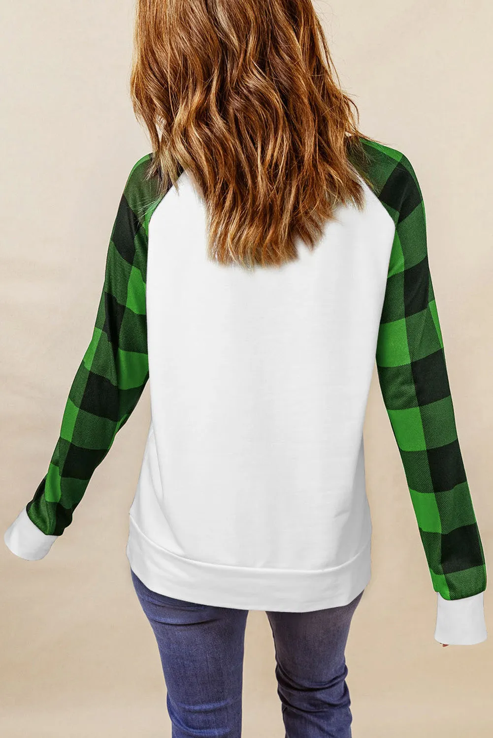 Green Plaid Clover Color Block Long Sleeve Sweatshirt