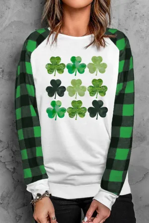 Green Plaid Clover Color Block Long Sleeve Sweatshirt