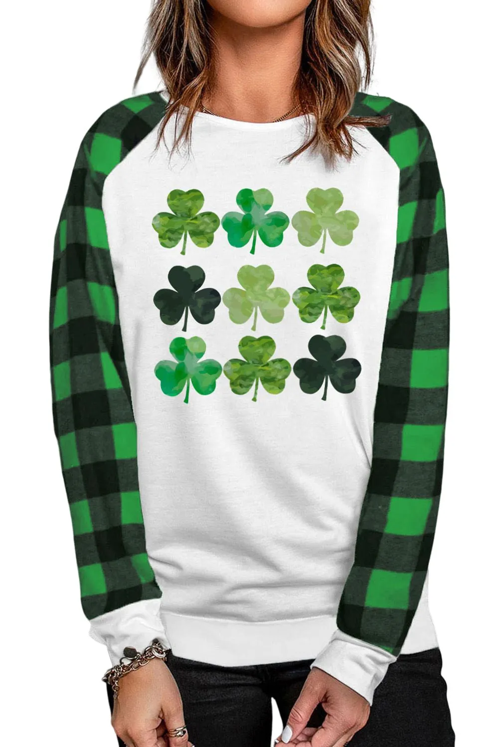 Green Plaid Clover Color Block Long Sleeve Sweatshirt