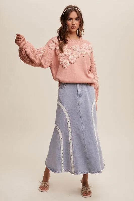 Hand Embroidered Flower Detail Knit Sweater