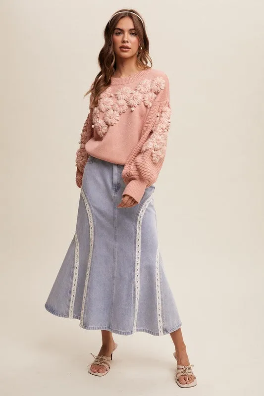 Hand Embroidered Flower Detail Knit Sweater