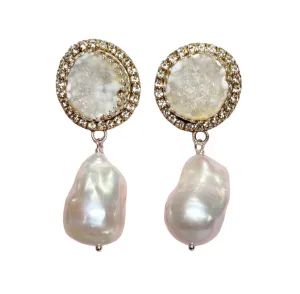 Handmade Ivory White Tabasco Geode Wedding Earrings Post with Baroque Pearl Drops