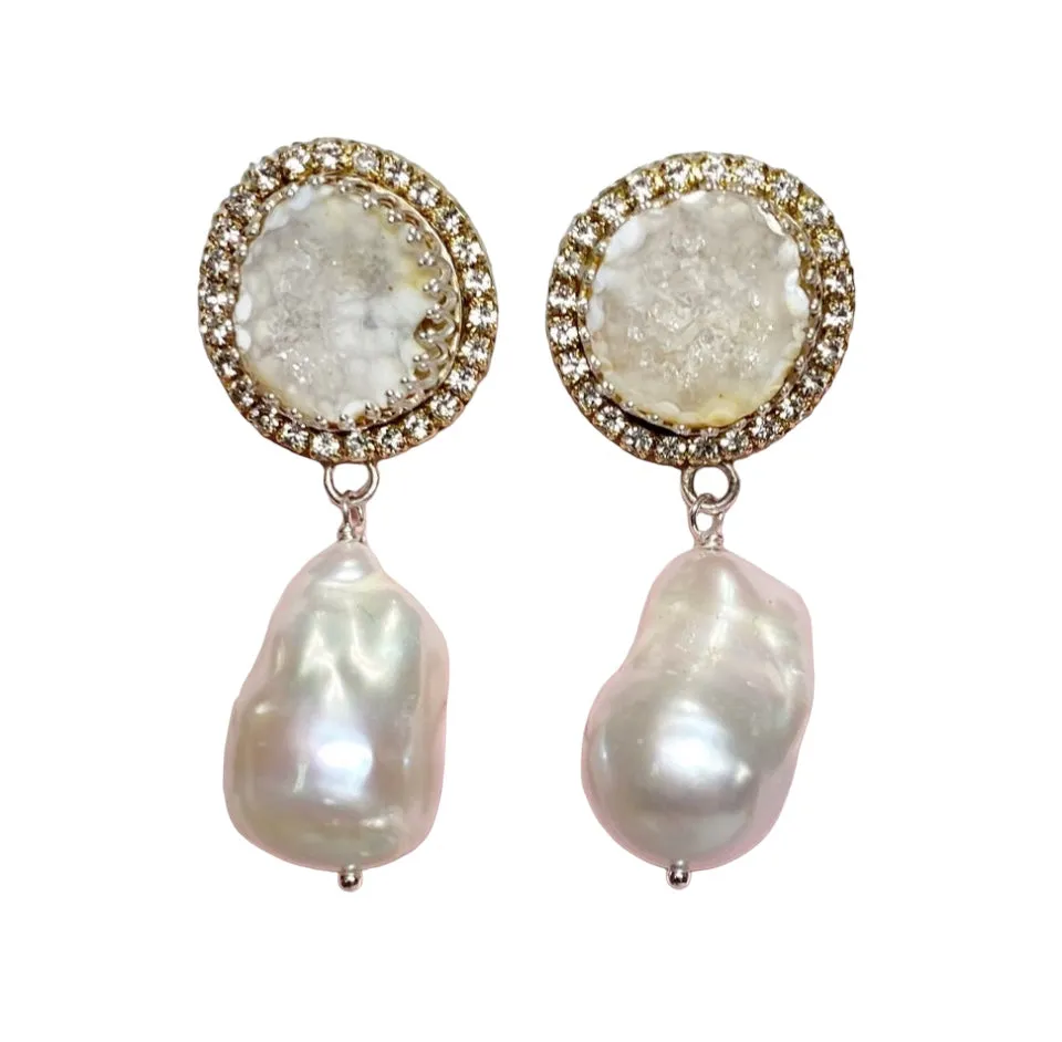 Handmade Ivory White Tabasco Geode Wedding Earrings Post with Baroque Pearl Drops