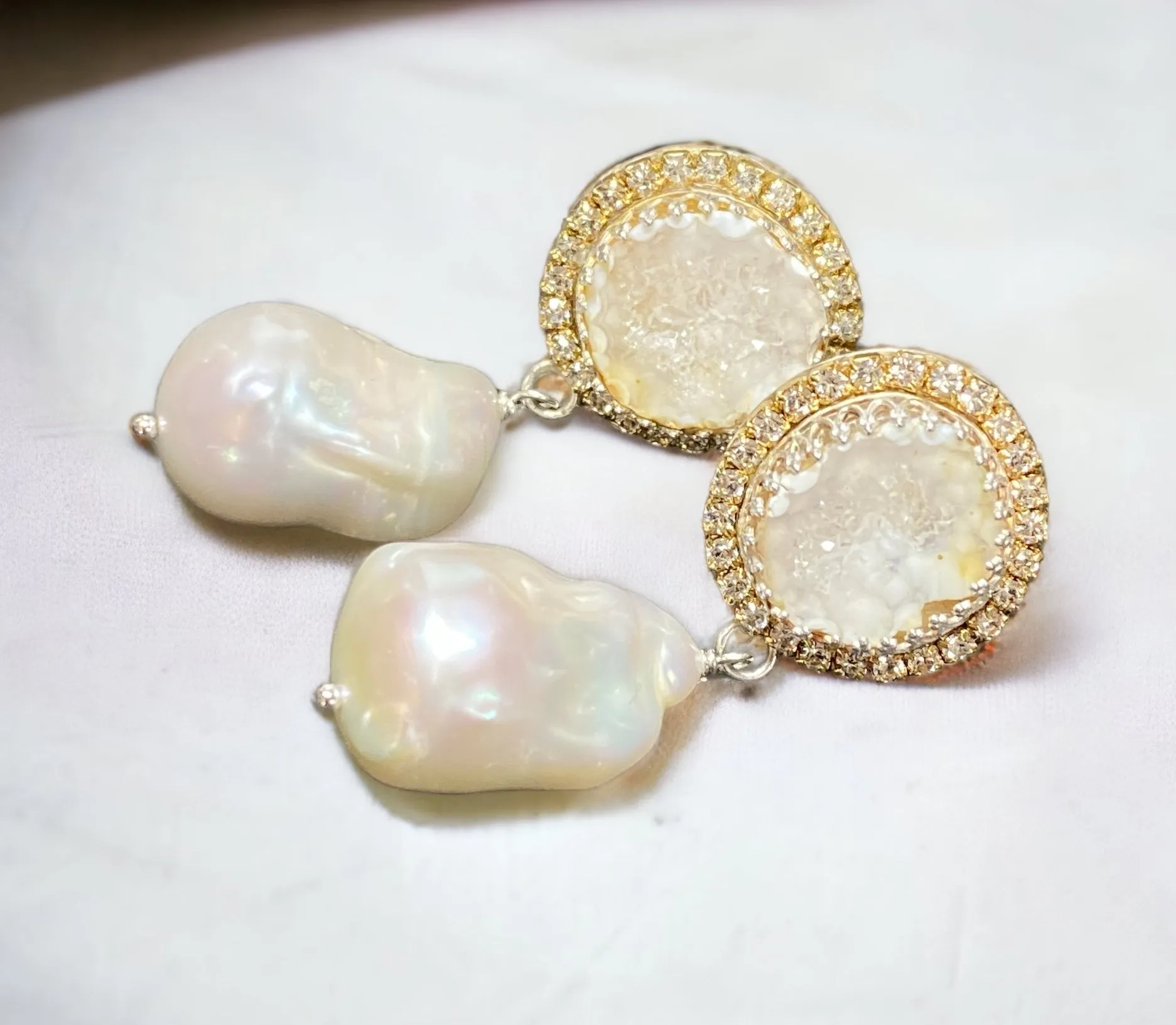 Handmade Ivory White Tabasco Geode Wedding Earrings Post with Baroque Pearl Drops