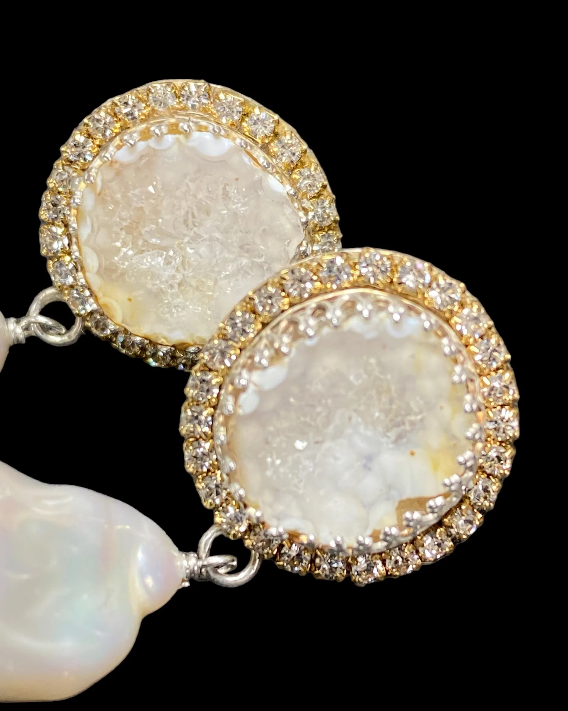 Handmade Ivory White Tabasco Geode Wedding Earrings Post with Baroque Pearl Drops