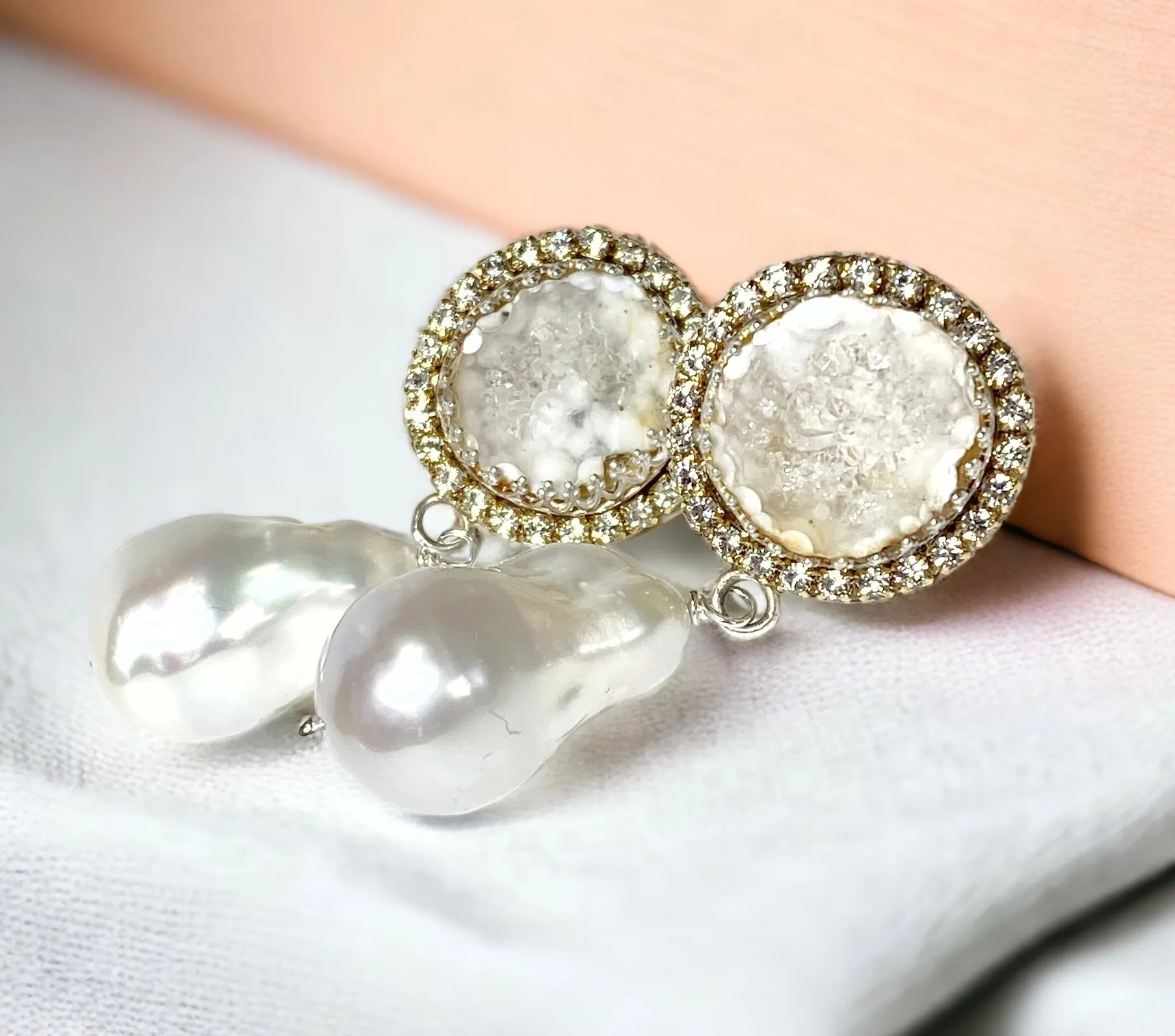 Handmade Ivory White Tabasco Geode Wedding Earrings Post with Baroque Pearl Drops