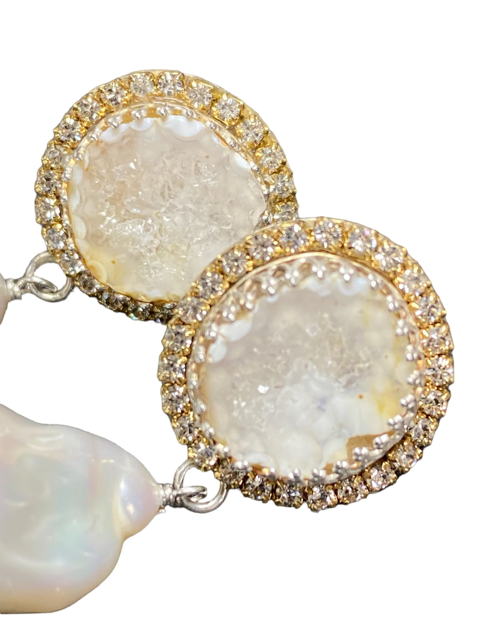 Handmade Ivory White Tabasco Geode Wedding Earrings Post with Baroque Pearl Drops