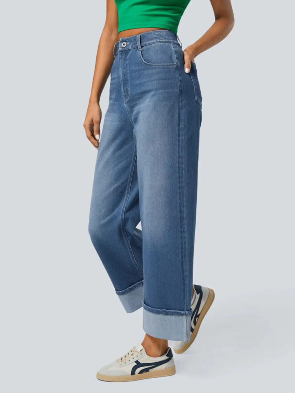 Hazel Blues® |  High Rise Rolled Straight Leg Jeans