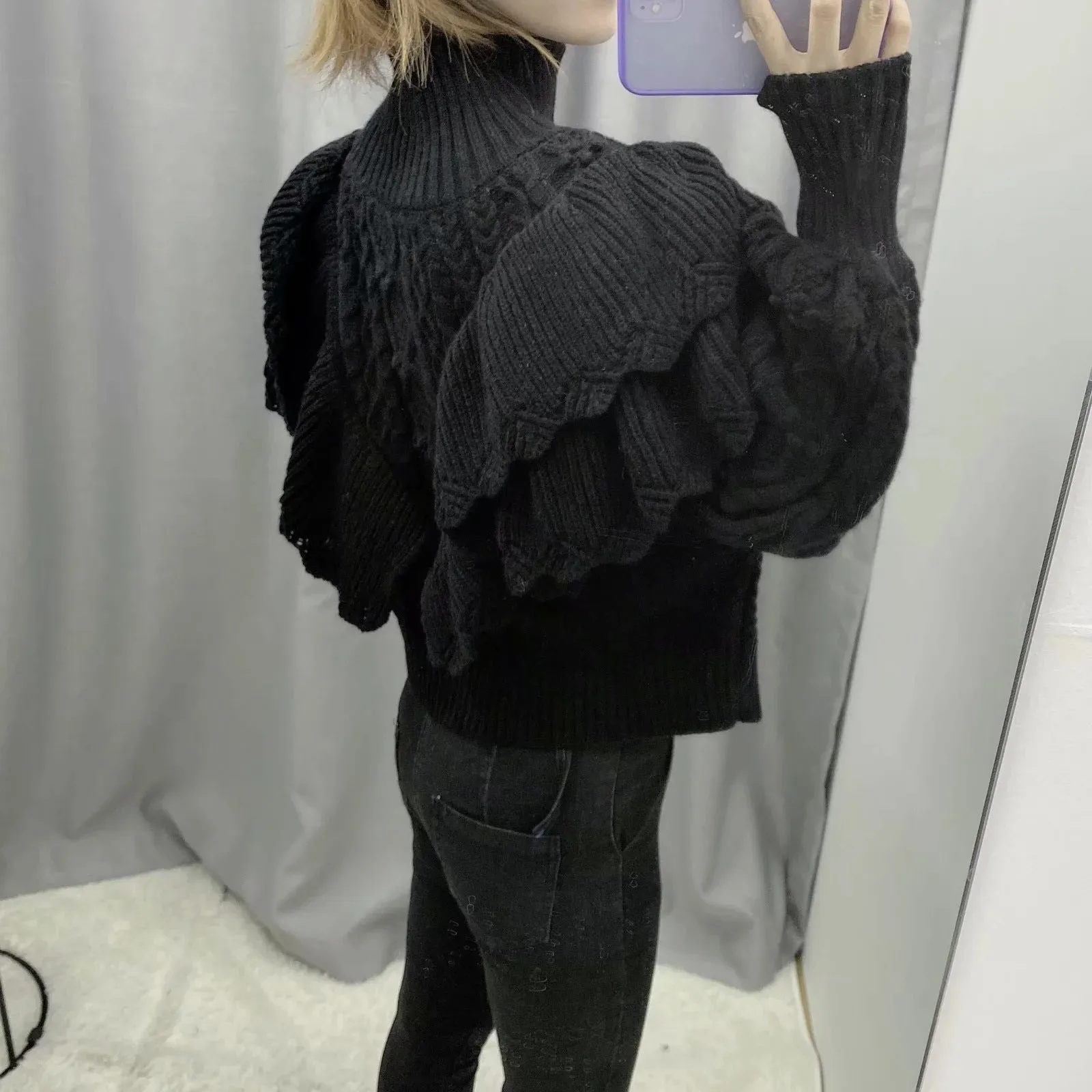 High Collar Ruffles Lantern Sleeves Knit Sweater