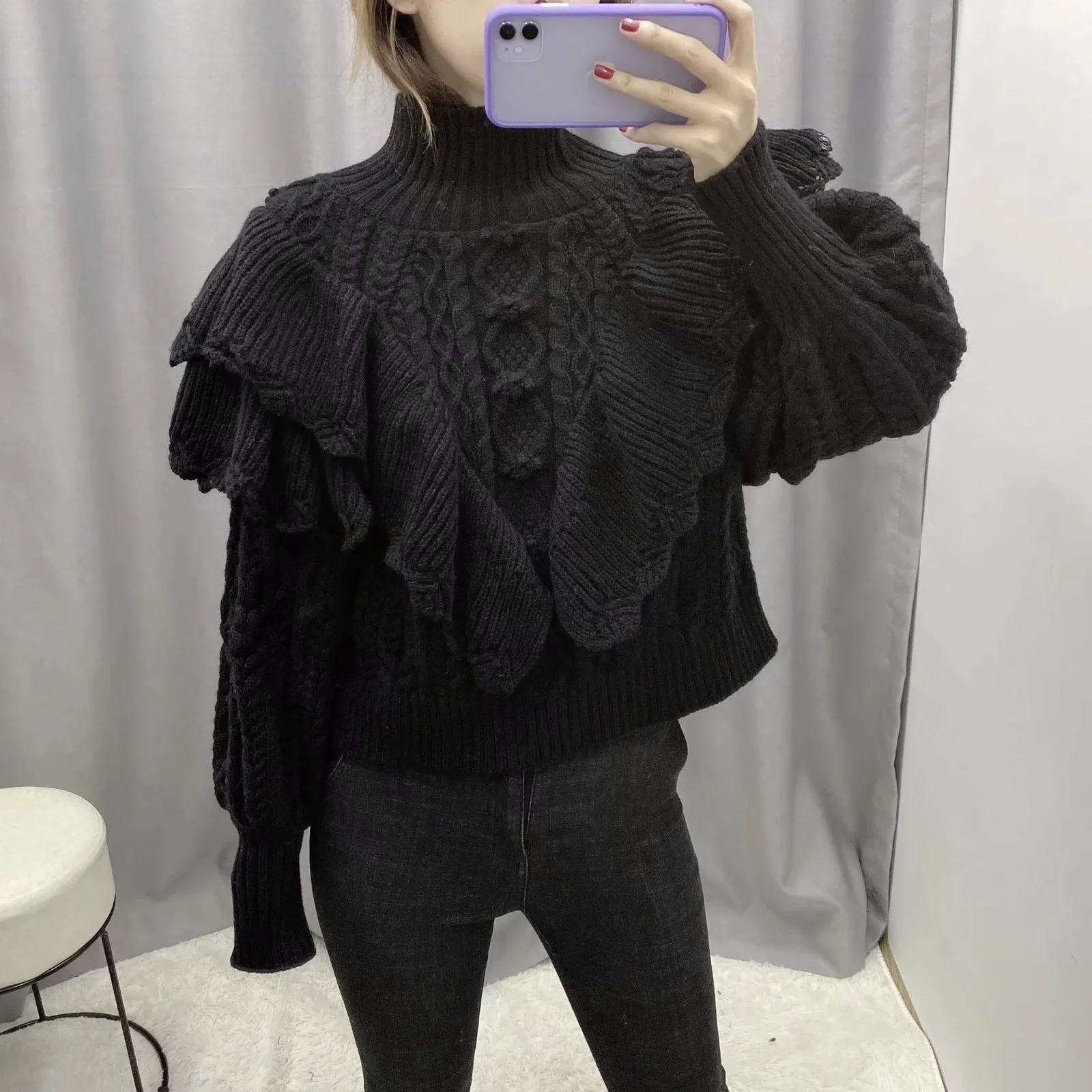 High Collar Ruffles Lantern Sleeves Knit Sweater