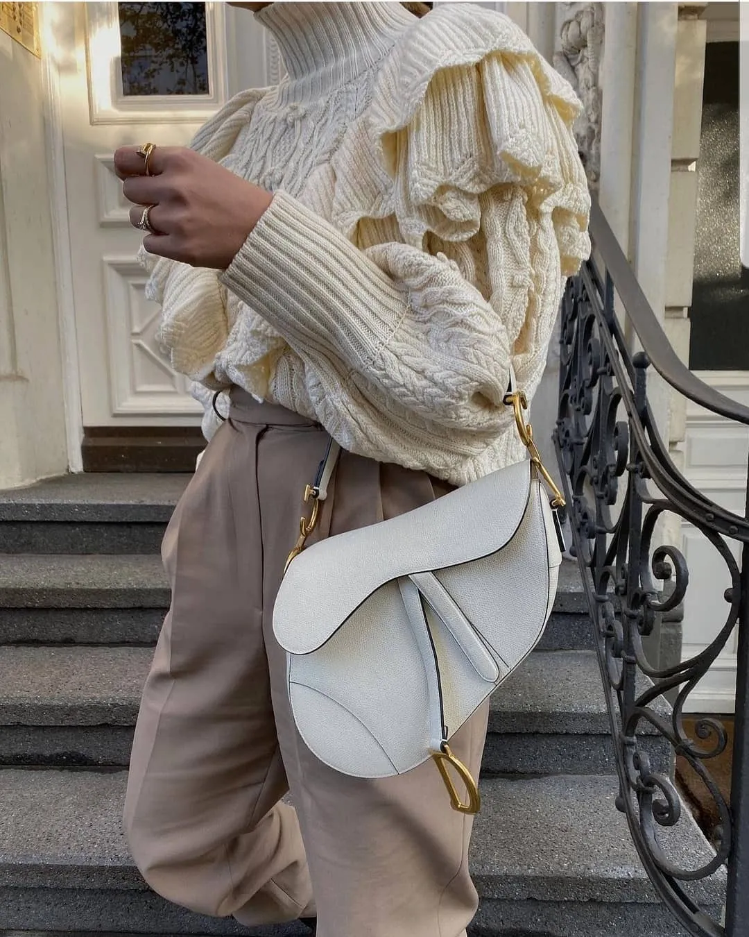 High Collar Ruffles Lantern Sleeves Knit Sweater