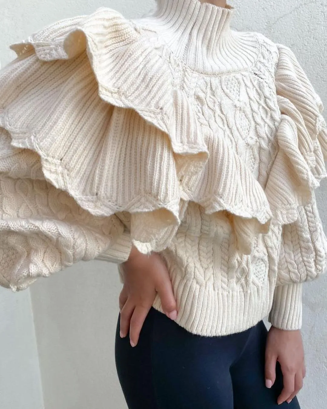 High Collar Ruffles Lantern Sleeves Knit Sweater