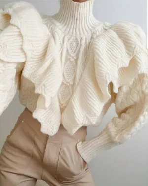 High Collar Ruffles Lantern Sleeves Knit Sweater