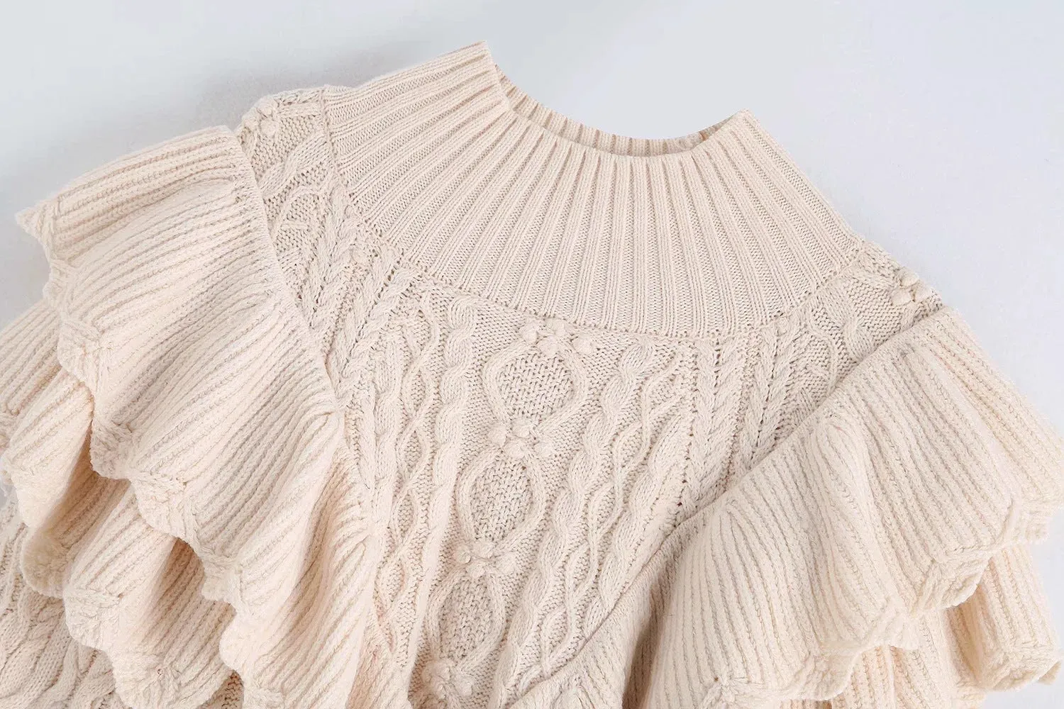 High Collar Ruffles Lantern Sleeves Knit Sweater