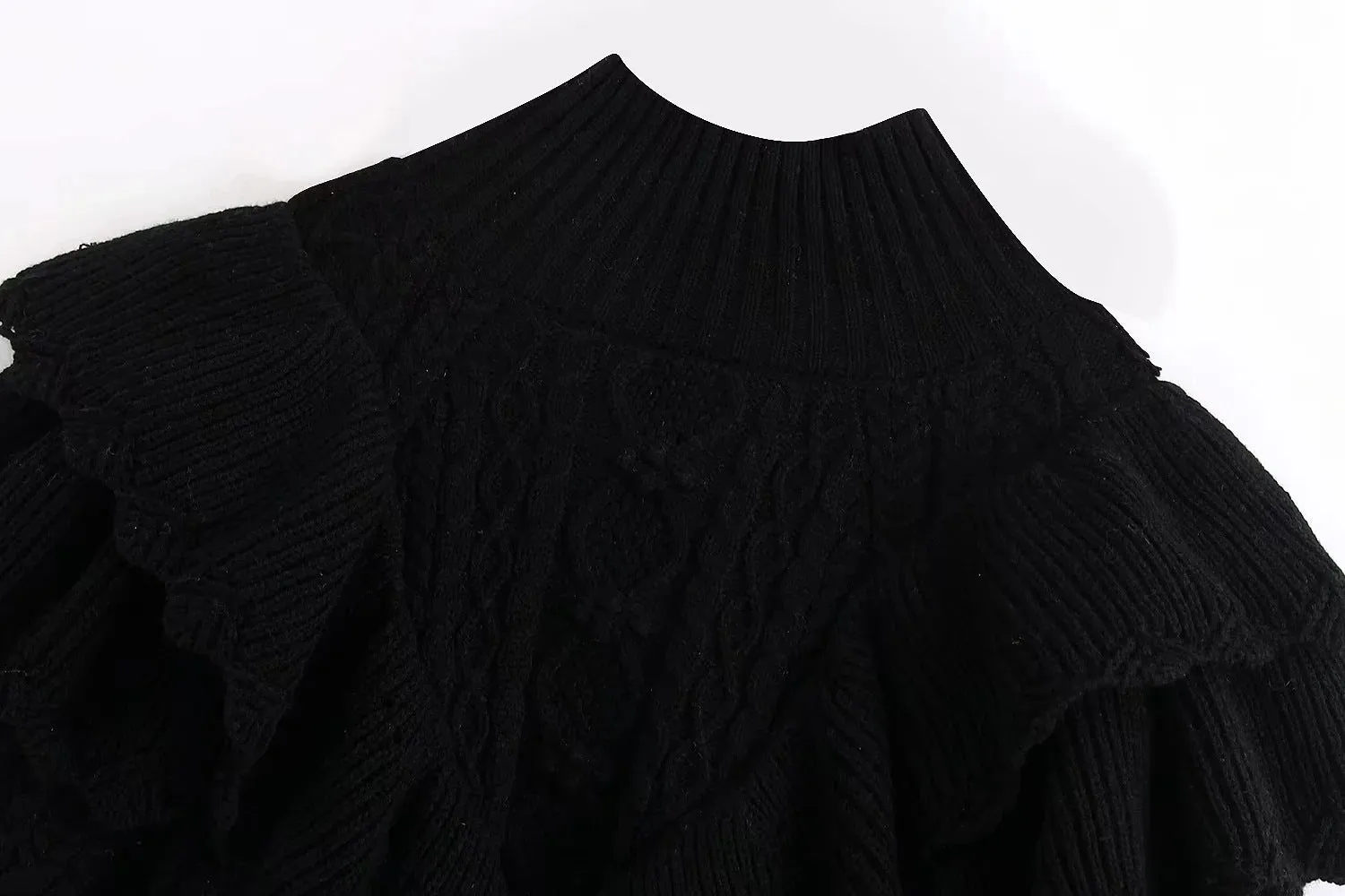 High Collar Ruffles Lantern Sleeves Knit Sweater