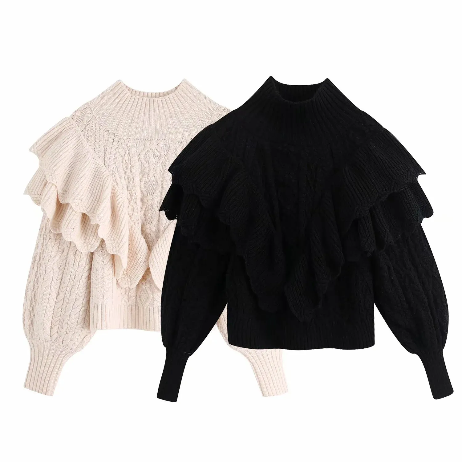 High Collar Ruffles Lantern Sleeves Knit Sweater