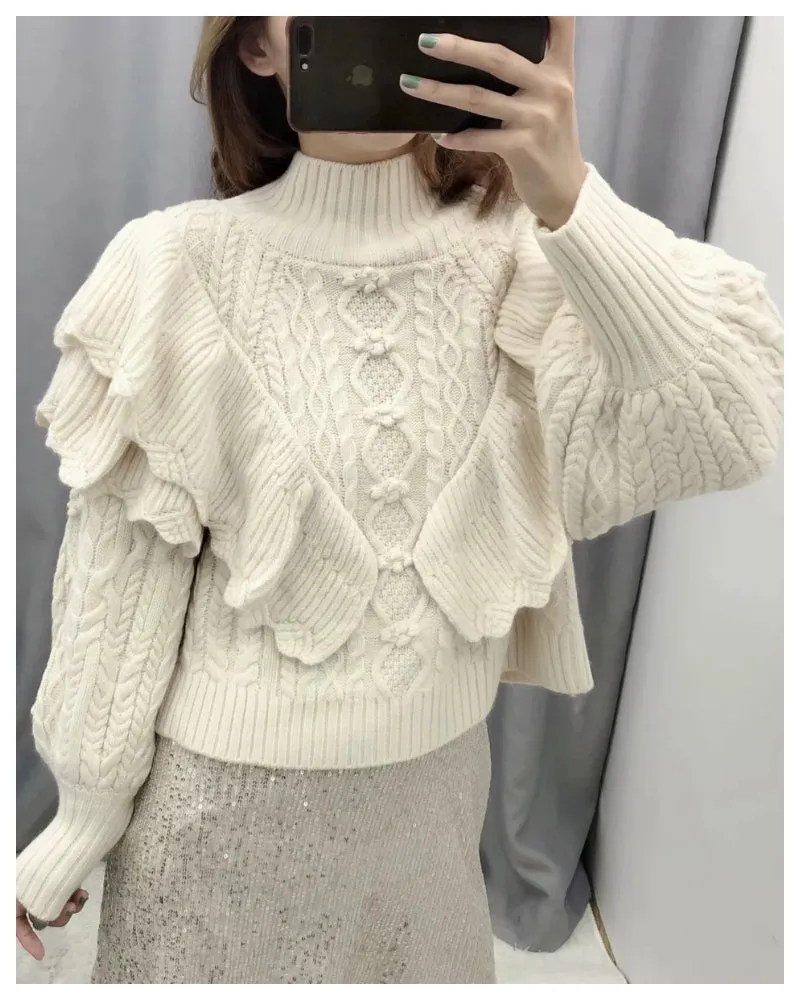 High Collar Ruffles Lantern Sleeves Knit Sweater