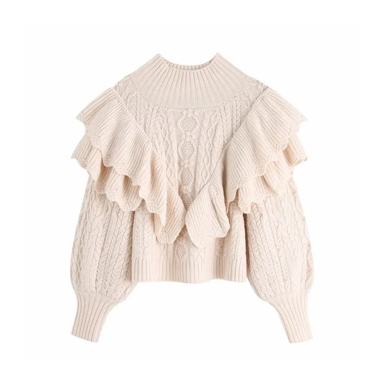 High Collar Ruffles Lantern Sleeves Knit Sweater
