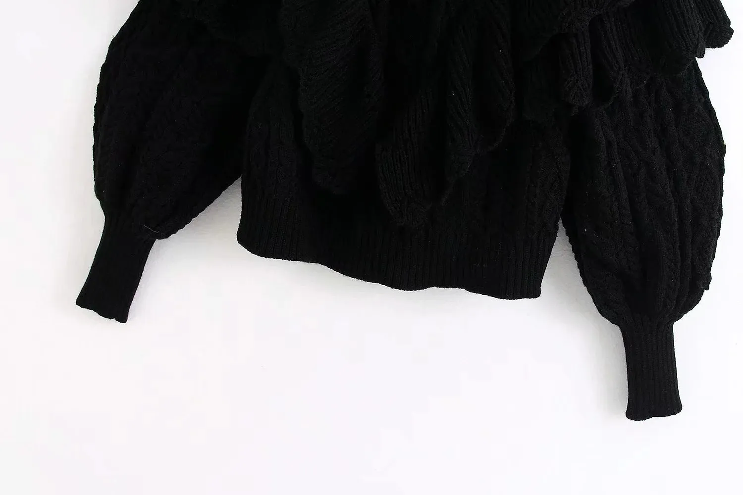 High Collar Ruffles Lantern Sleeves Knit Sweater