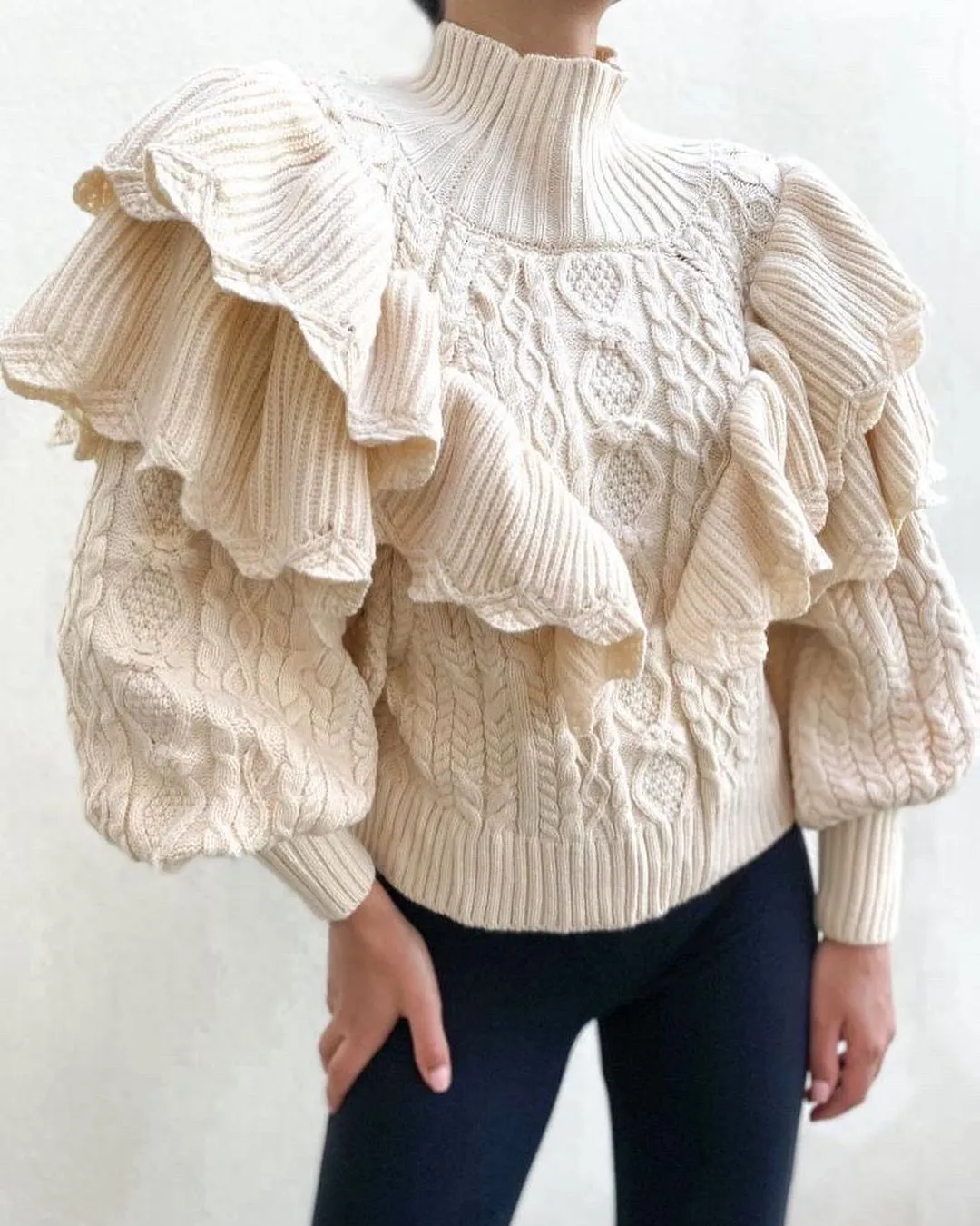 High Collar Ruffles Lantern Sleeves Knit Sweater