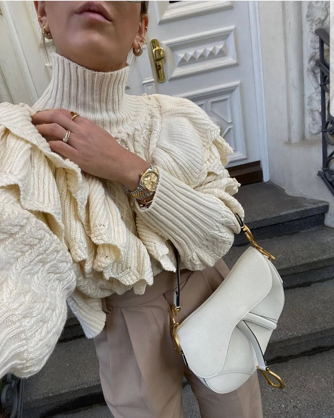 High Collar Ruffles Lantern Sleeves Knit Sweater