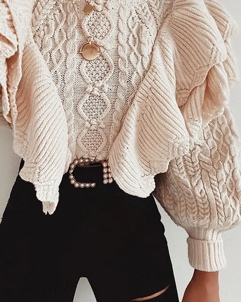 High Collar Ruffles Lantern Sleeves Knit Sweater