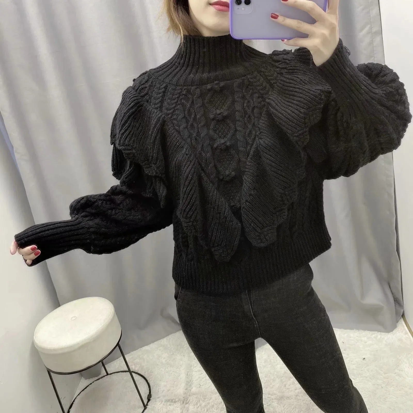 High Collar Ruffles Lantern Sleeves Knit Sweater